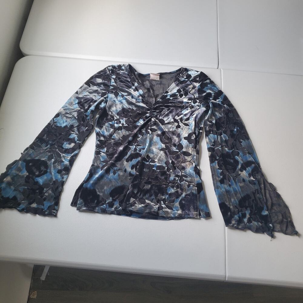 Y2K Whimsigoth Fairy Grunge Blouse Large Blue Velvet Floral Bell Sleeve V Neck